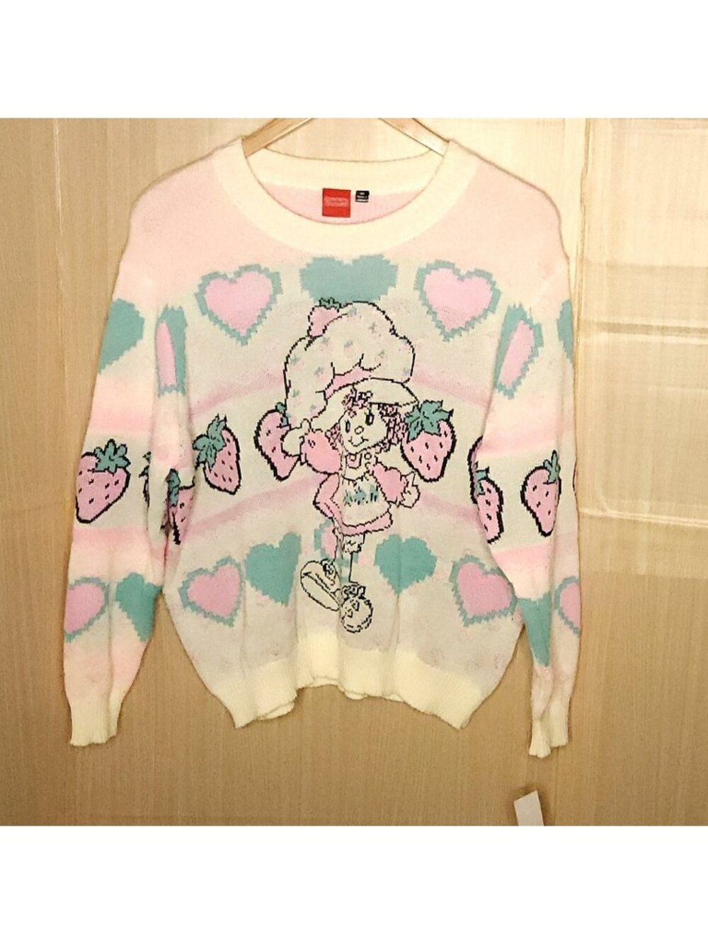 Strawberry Shortcake Womens New Pink White Oversized Retro Sweater Small